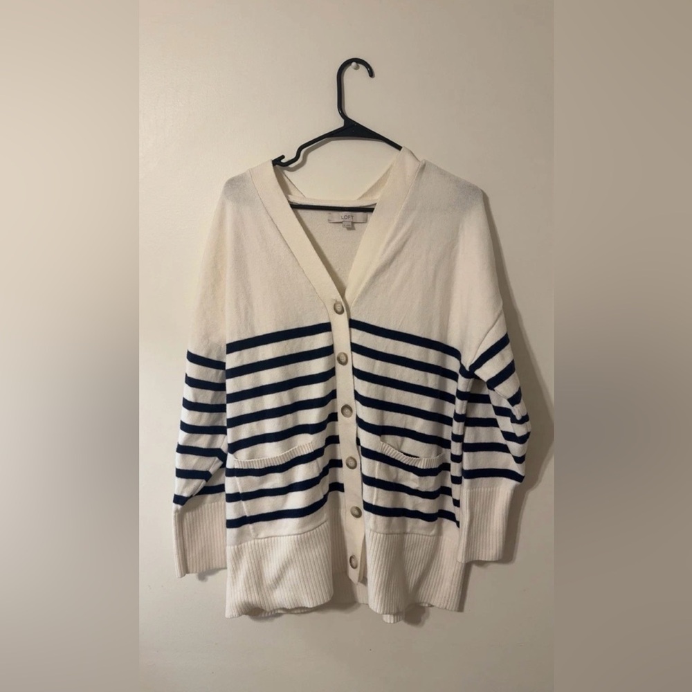 Ann Taylor LOFT Women’s XL Striped Open Front Knit Cardigan Sweater White & Blue
